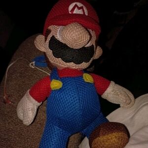 Plush Toy with Red Hat and Blue Overalls